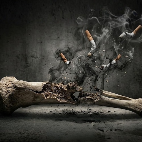 Smoking and bone health awareness image highlighting bone damage, osteoporosis risk, and importance of quitting smoking